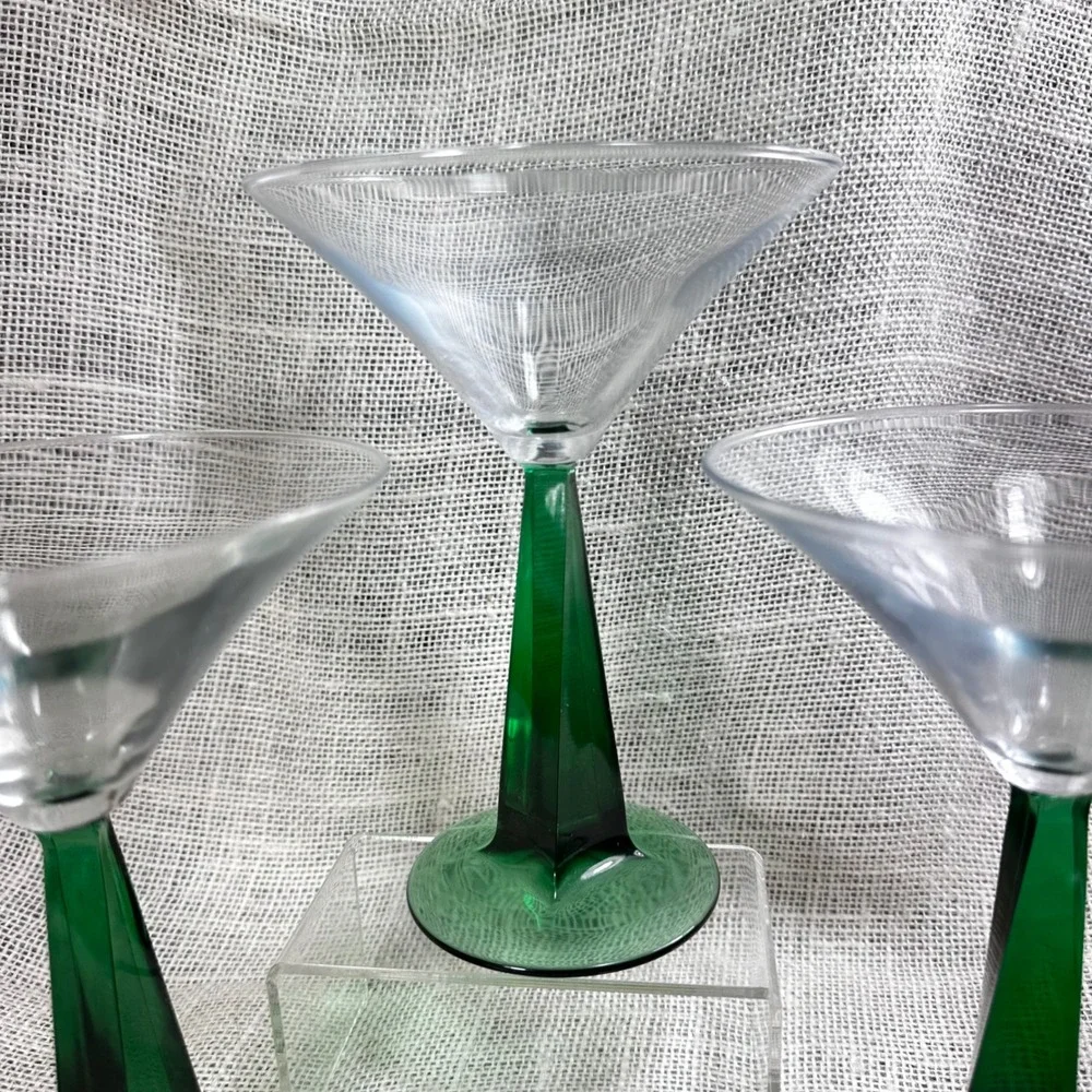 Bombay Emerald Green Twisted Pyramid Stem Martini Glasses Set of 3 Vintage